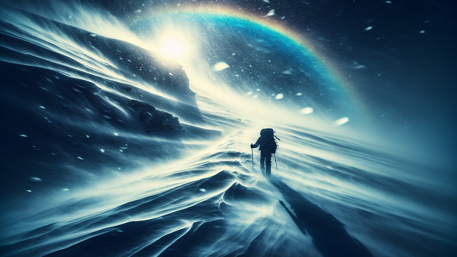 Lone Figure in Snowstorm with Ethereal Rainbow