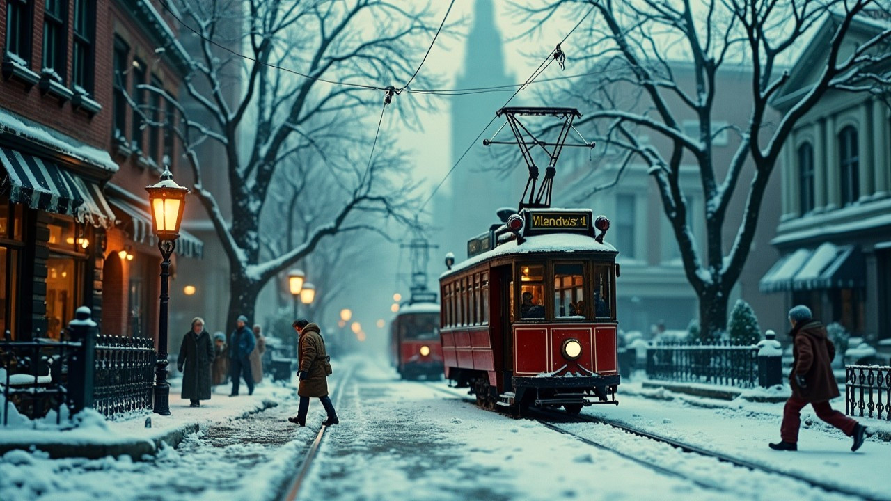 Winter Scene with Vintage Trams in Quaint Town