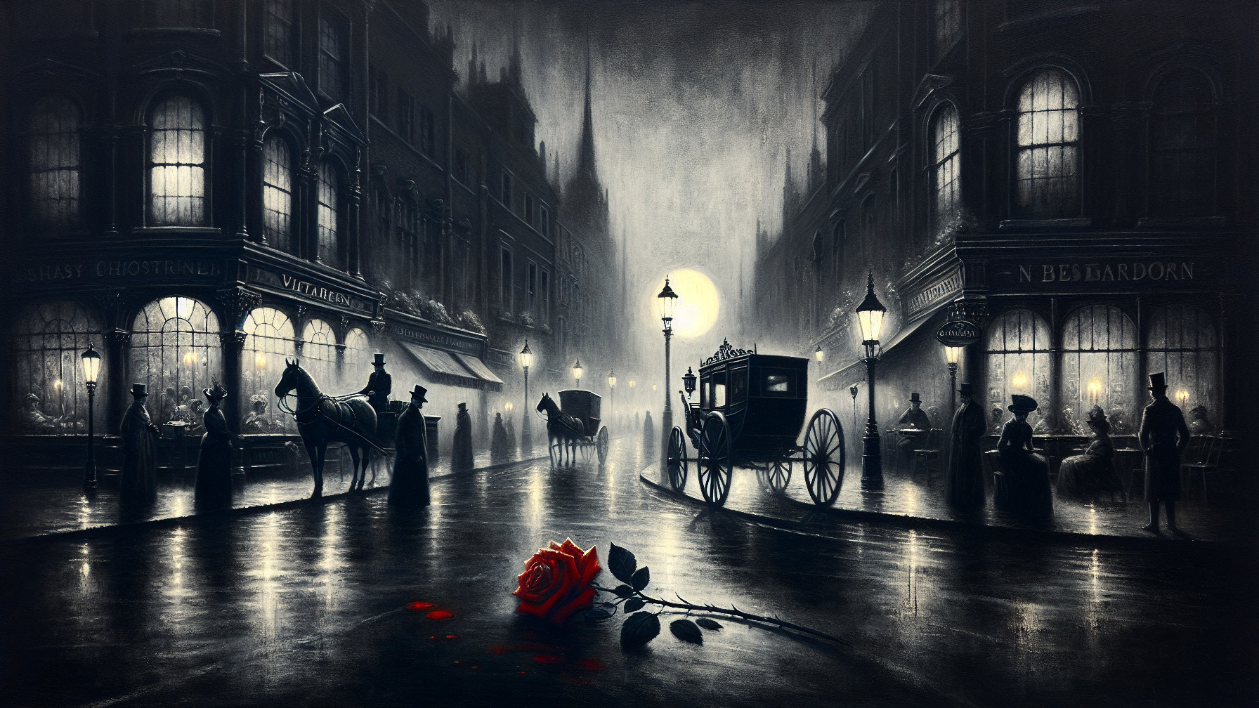 Misty Vintage Night Street with Gas Lamps and Carriages