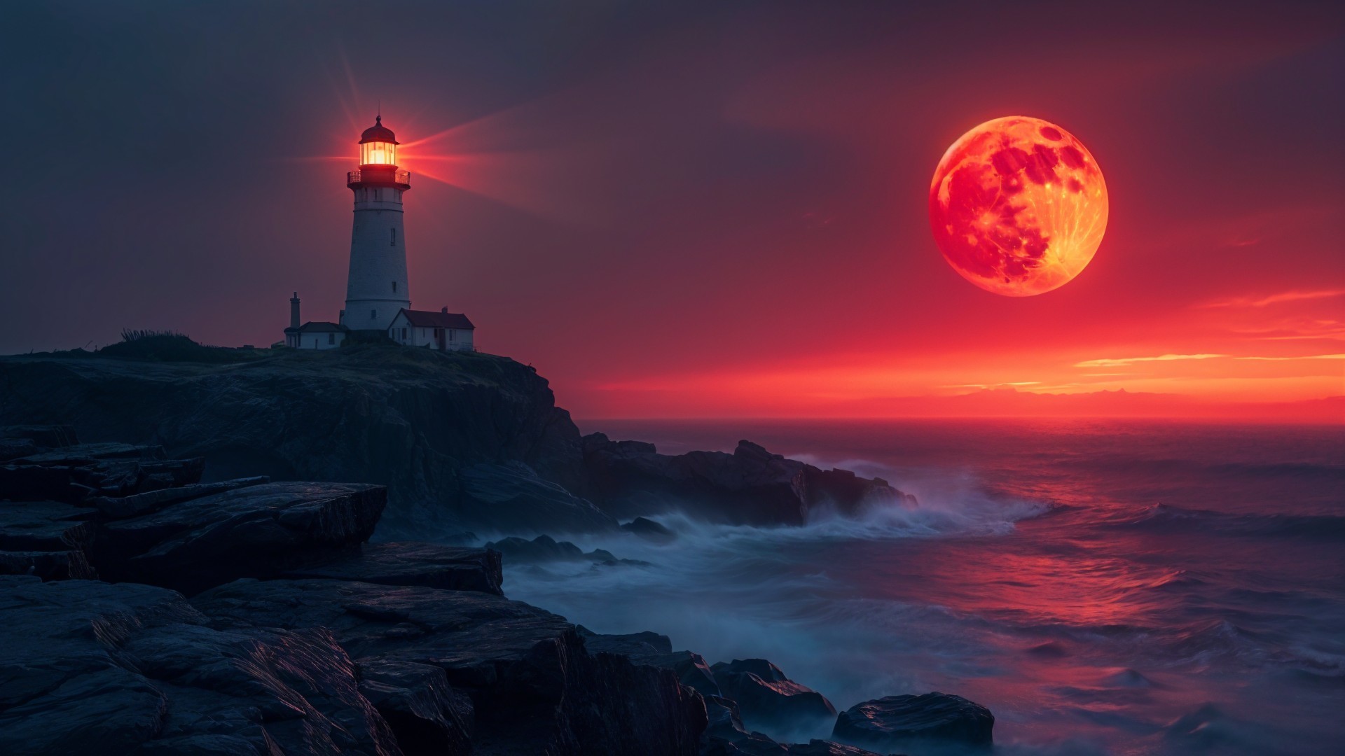 Lighthouse on Cliff with Dramatic Sunset and Moon