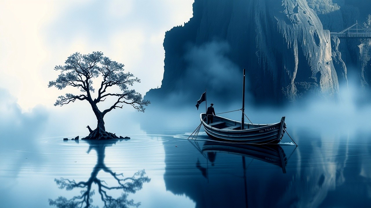 Serene Landscape with Boat and Misty Reflections