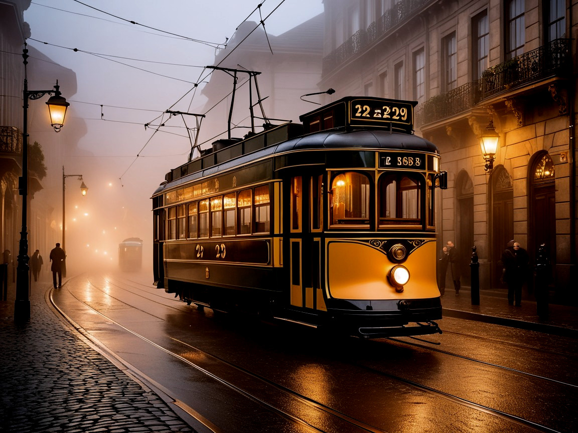 Vintage Tram in Foggy Street with Antique Streetlights