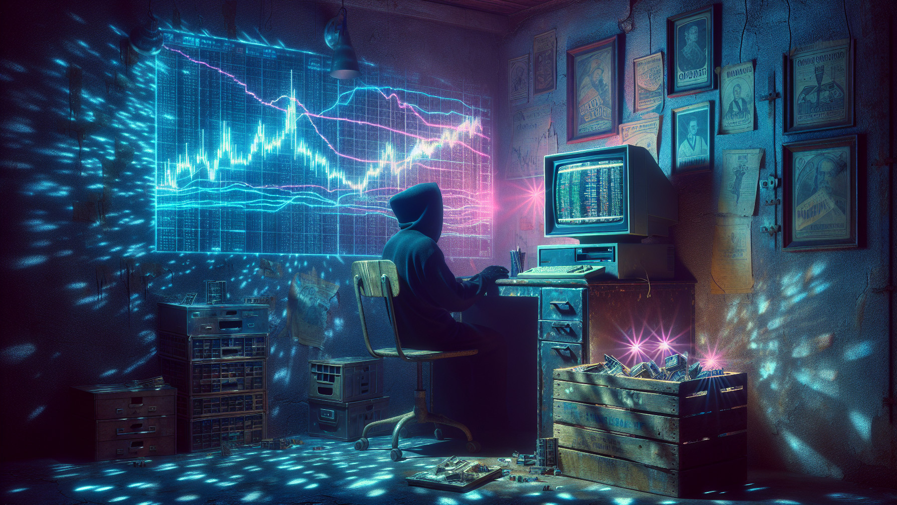 Hooded Figure Analyzing Financial Data in Dim Room