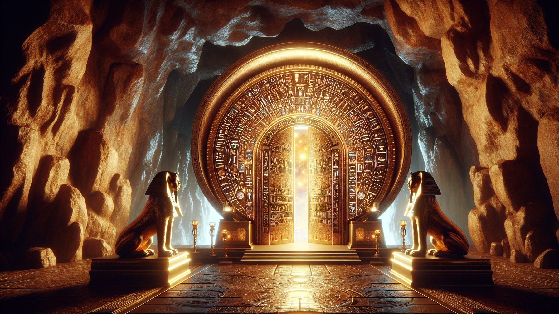 Ancient Chamber with Hieroglyphic Door and Sphinx Statues