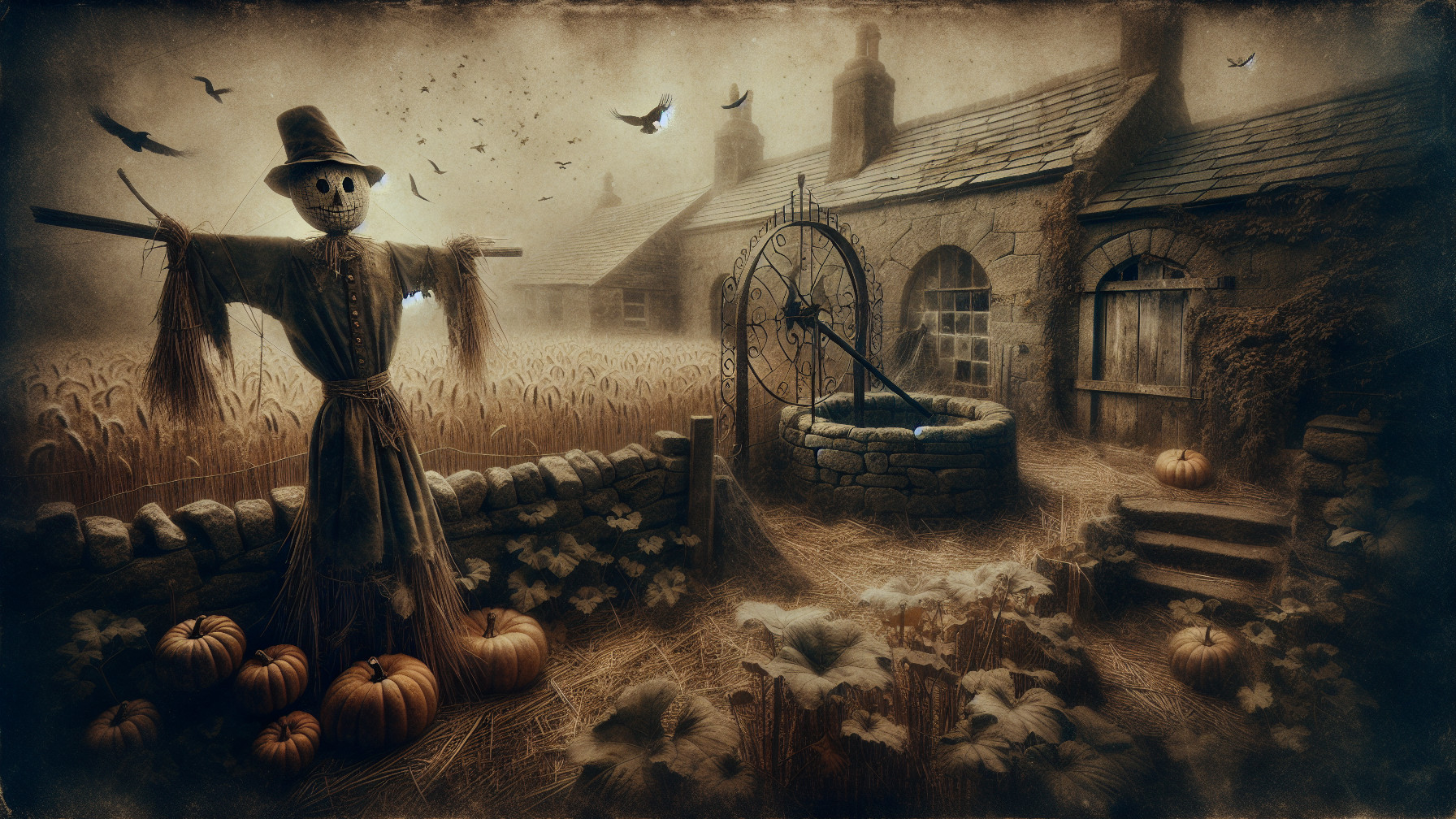 Sepia-Toned Scarecrow in a Wheat Field Scene