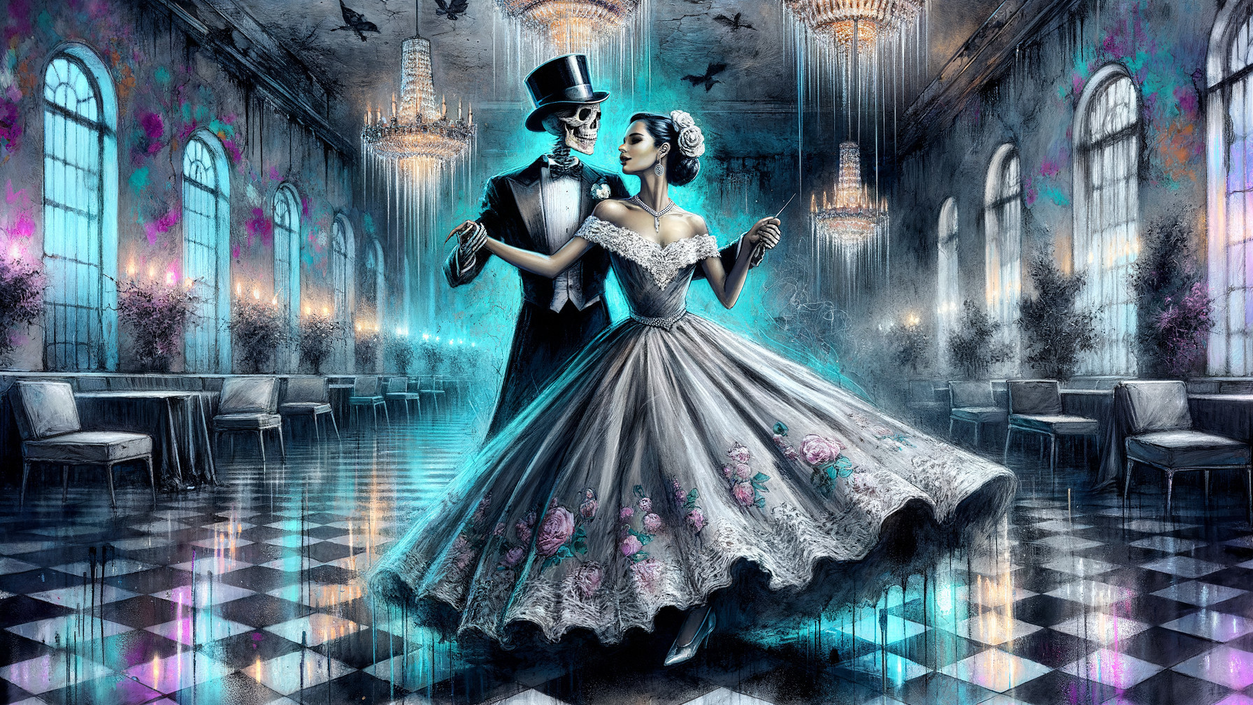Skeletal Figure and Woman Dance in Dimly Lit Ballroom