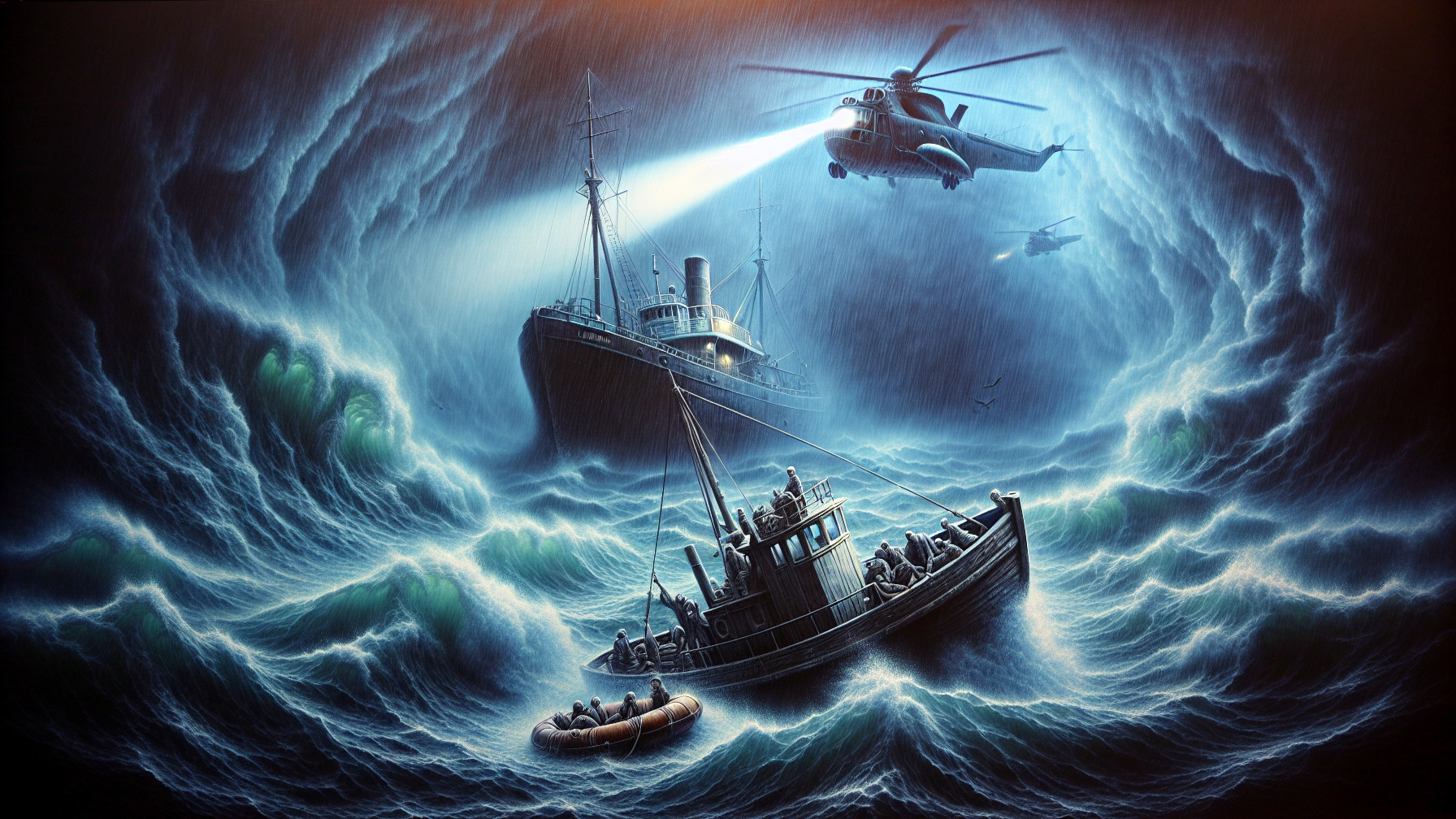 Stormy Seas with Ship and Helicopter Rescue Scene