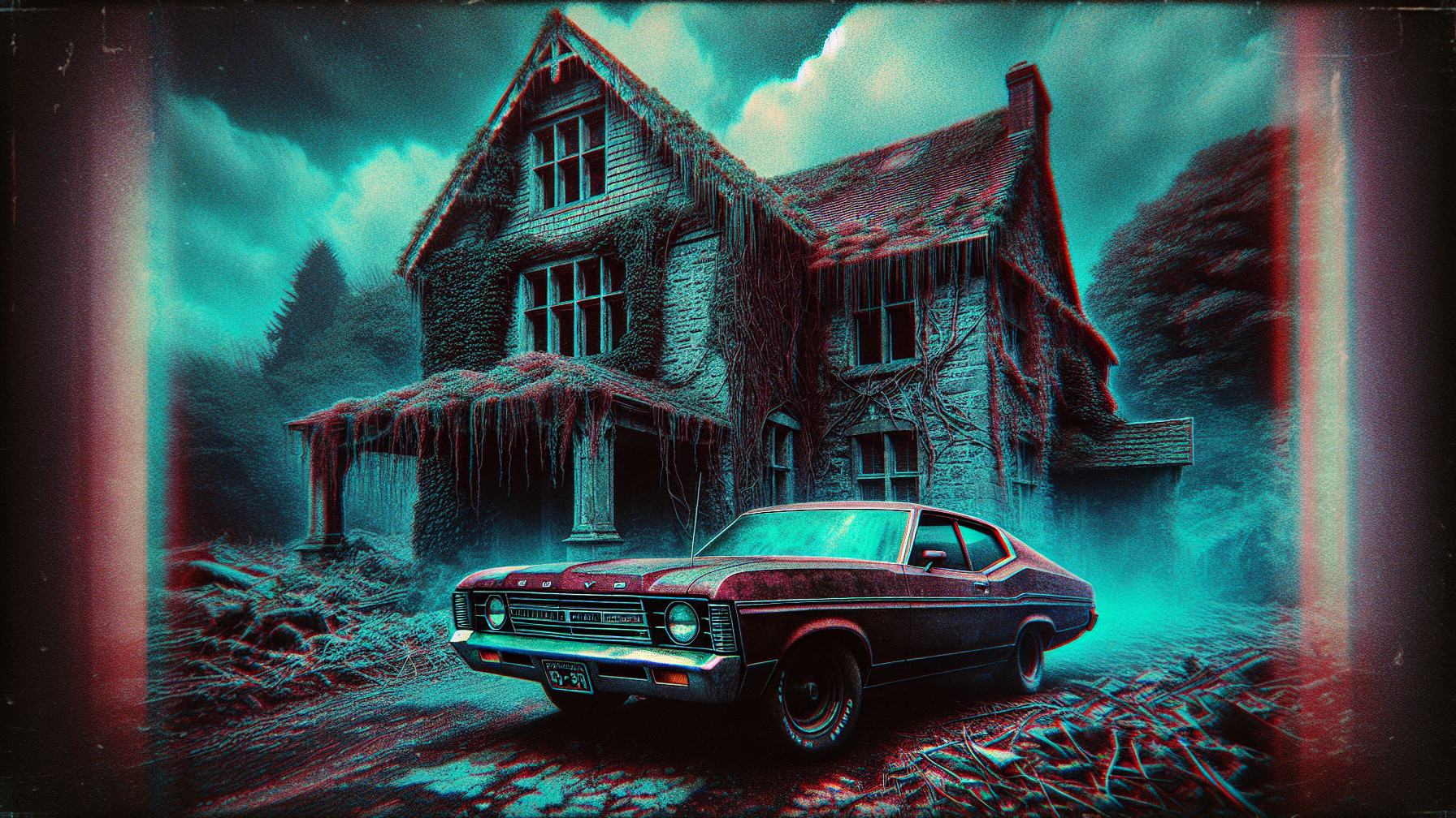 Vintage Car Near Eerie Mansion in Foggy Setting