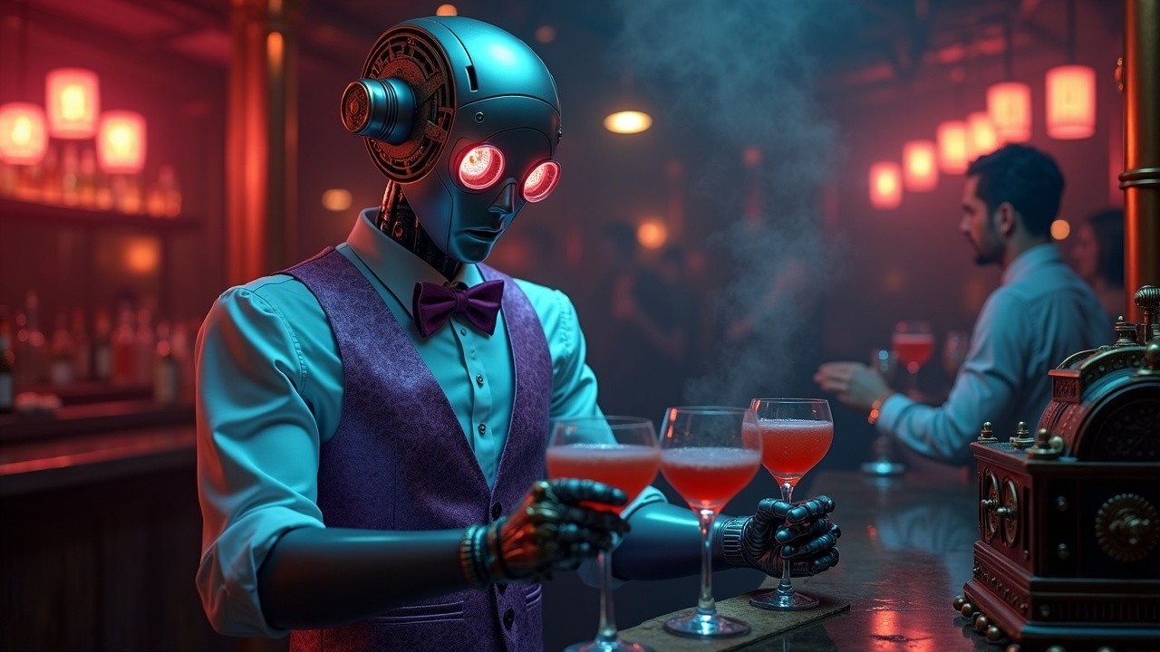 Futuristic Robot Bartender Serves Red Cocktails in Bar