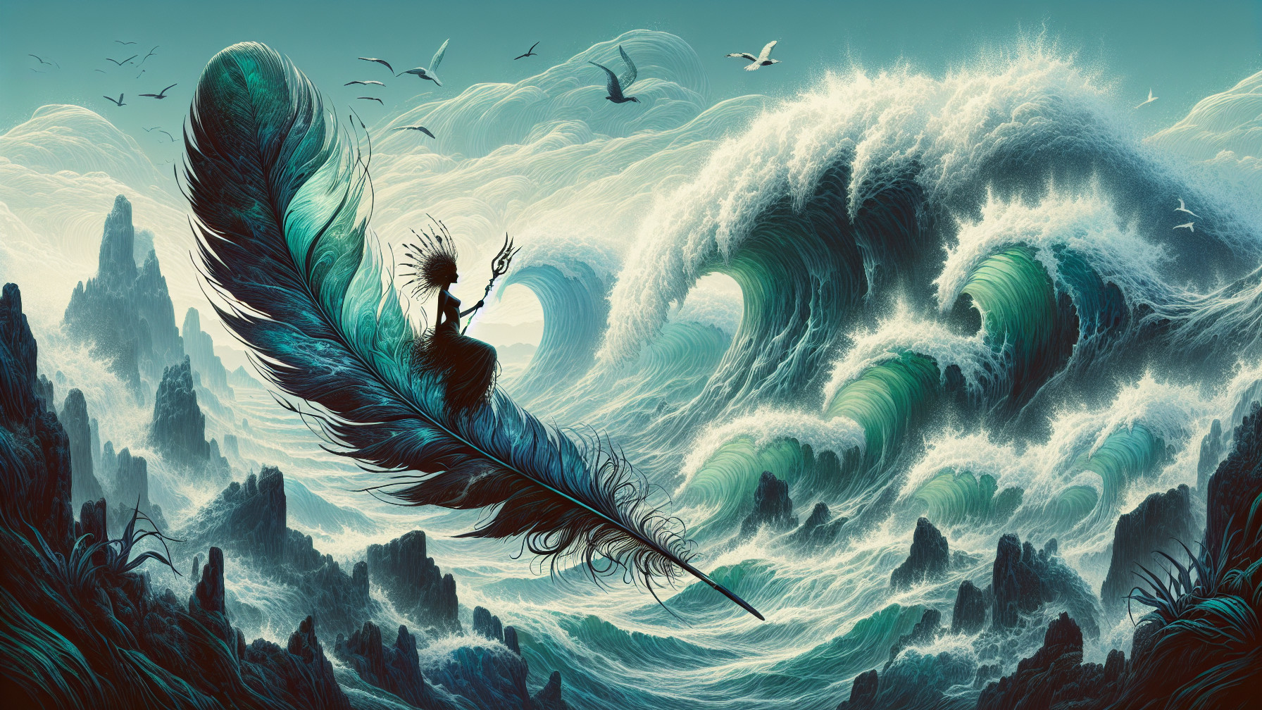 Majestic Feather Throne with Serene Figure by Ocean