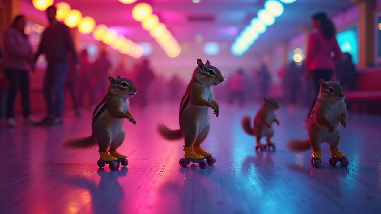 Chipmunks Skating at a Colorful Roller Rink