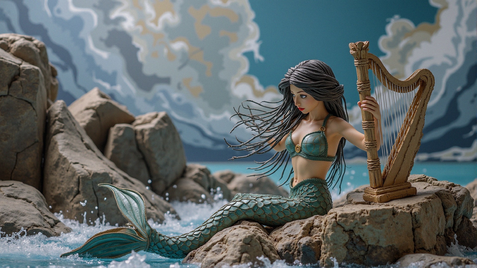Mermaid Figurine Playing Harp on Rocky Shore