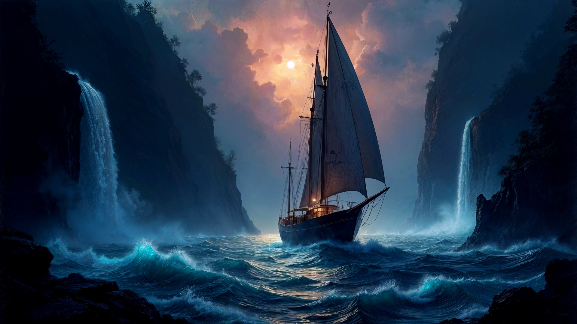 Majestic sailing ship amidst cliffs and waterfalls at sunset
