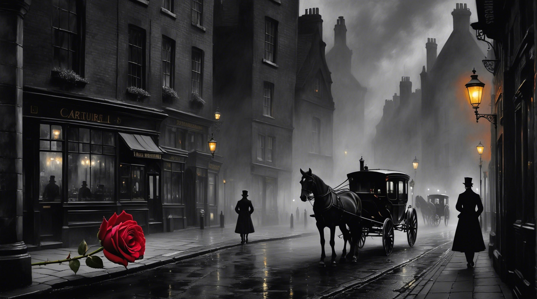 Foggy Victorian Street Scene with Gas Lamps and Carriage