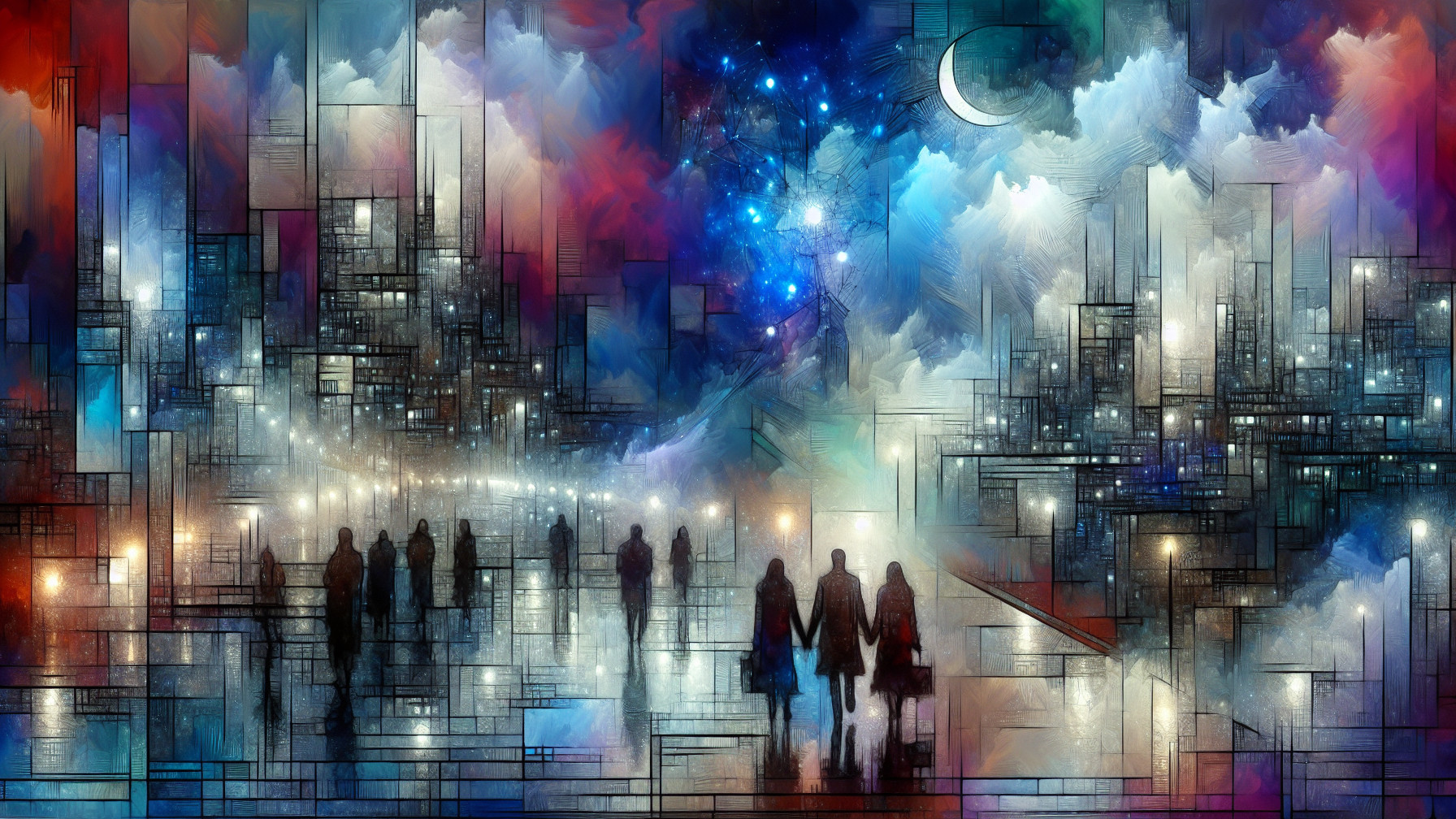 Colorful Abstract Cityscape at Night with Silhouettes