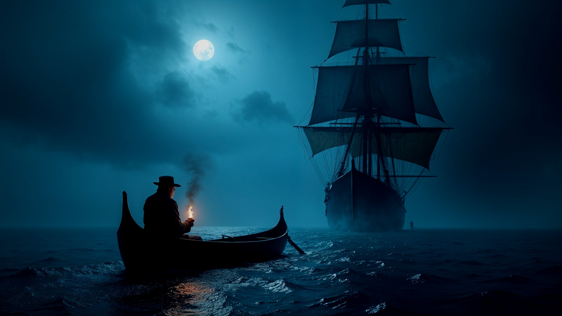Solitary Figure with Lantern on Dark Water Scene