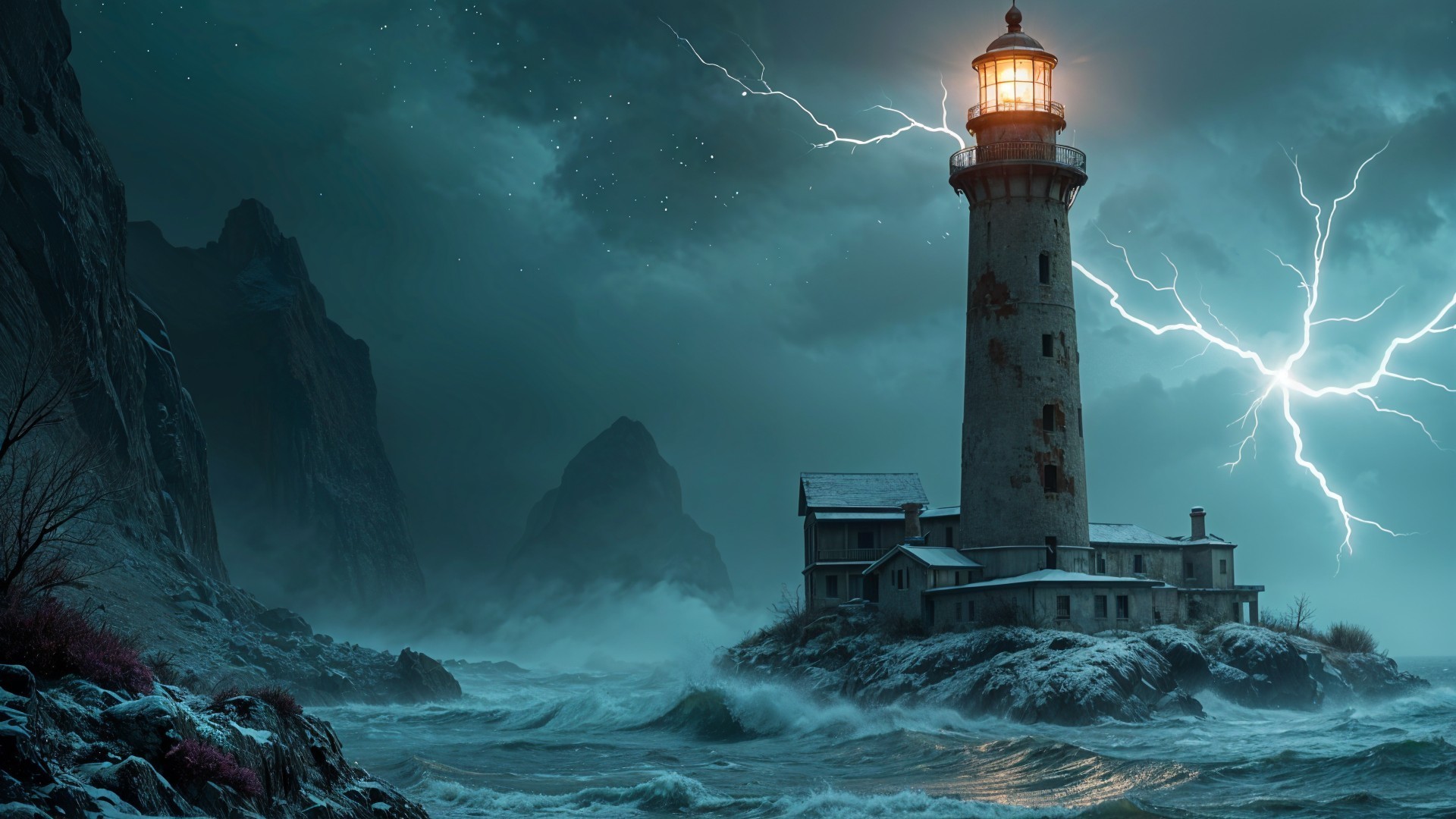 Lighthouse Resilient Against Stormy Seascape and Sky