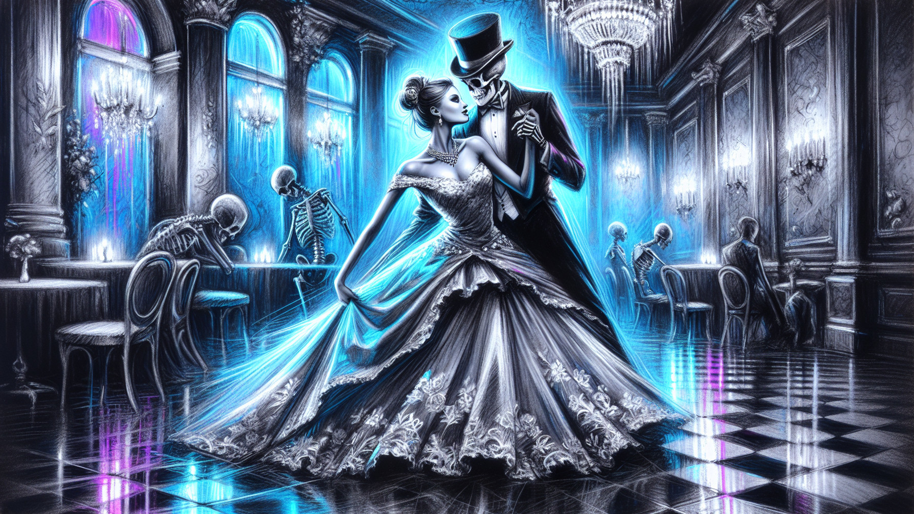 Skeletal Couple Dancing in an Opulent Ballroom