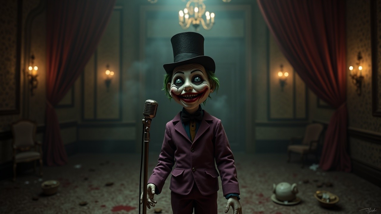 Sinister Clown Doll on Stage in Dimly Lit Room