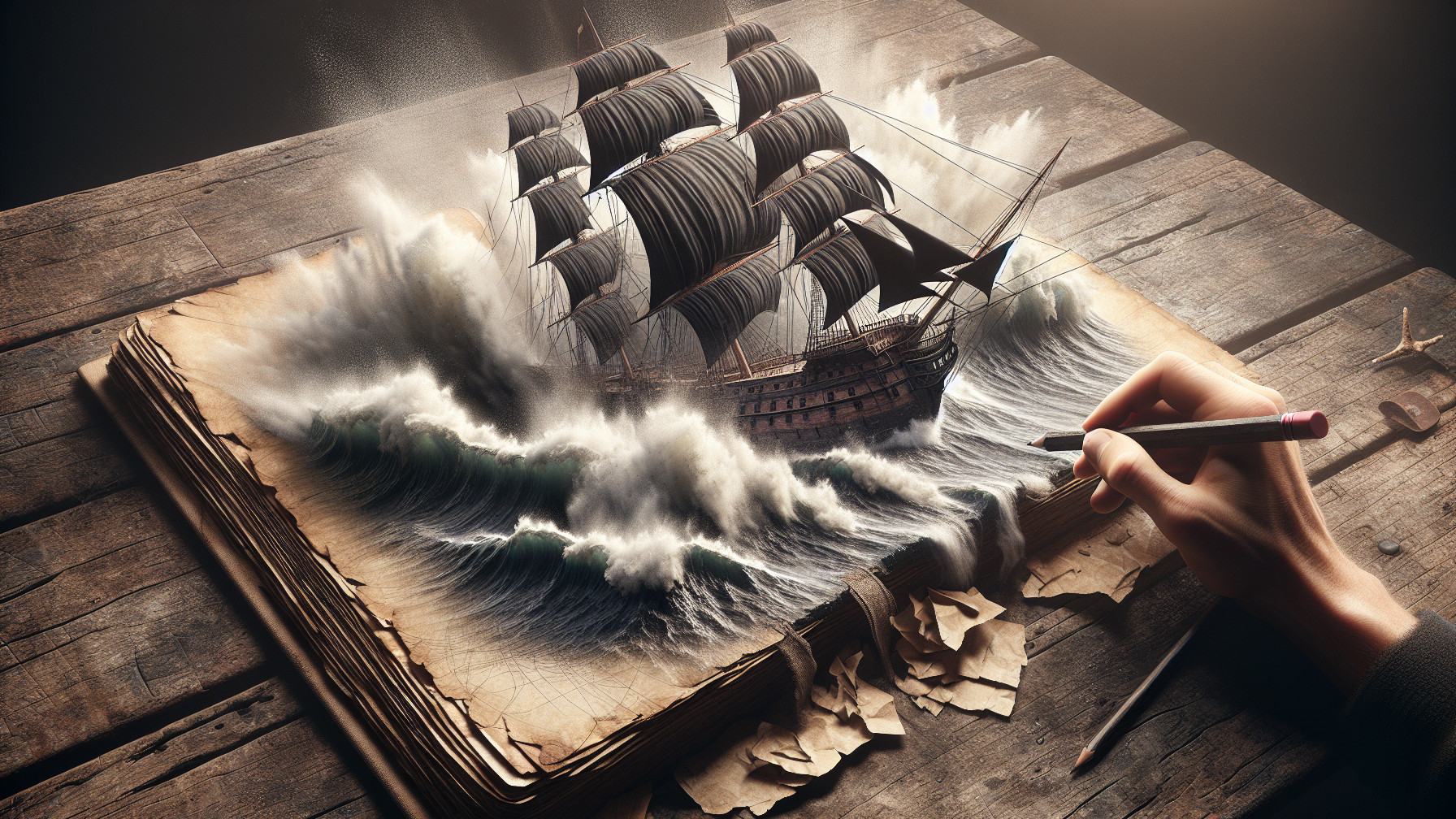 Illustrated Book with 3D Sailing Ship and Waves