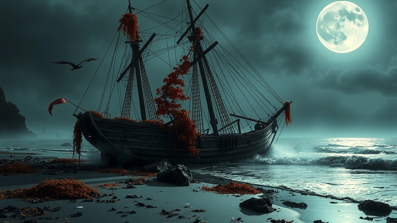 Weathered Shipwreck on Rocky Beach Under Full Moon