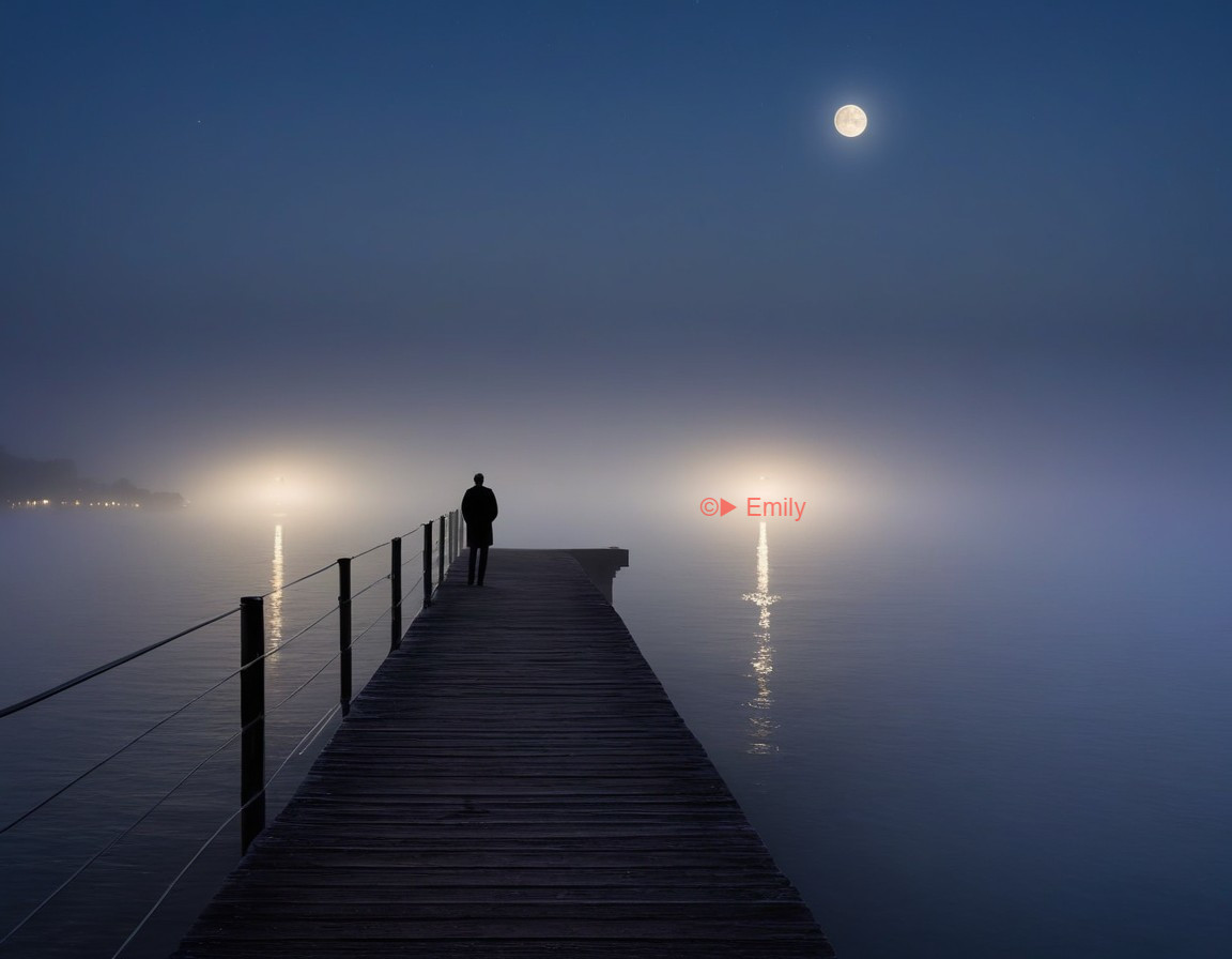 Silhouette on a Pier Overlooking a Foggy Lake at Night