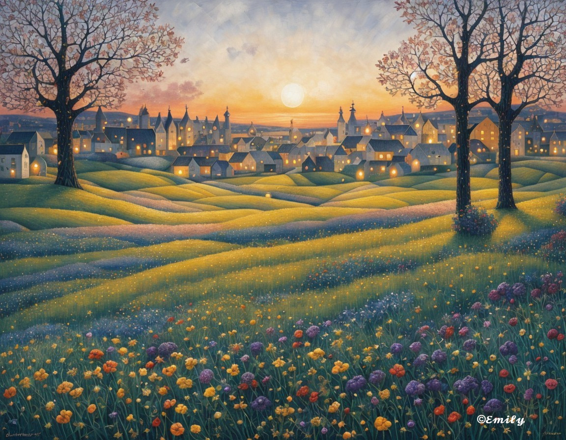 Serene Sunset Landscape with Vibrant Flowers and Town
