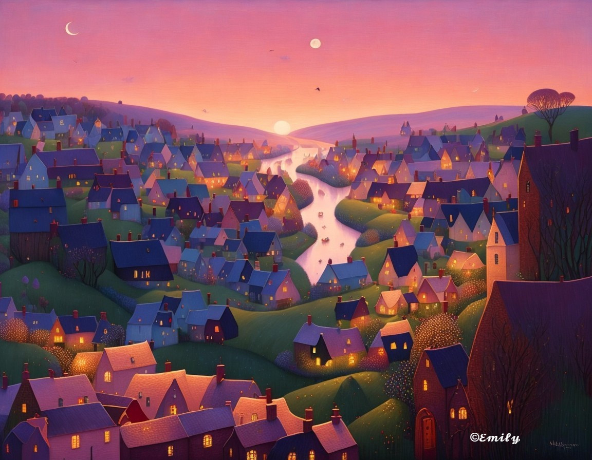 Twilight Village Scene with Two Moons and River