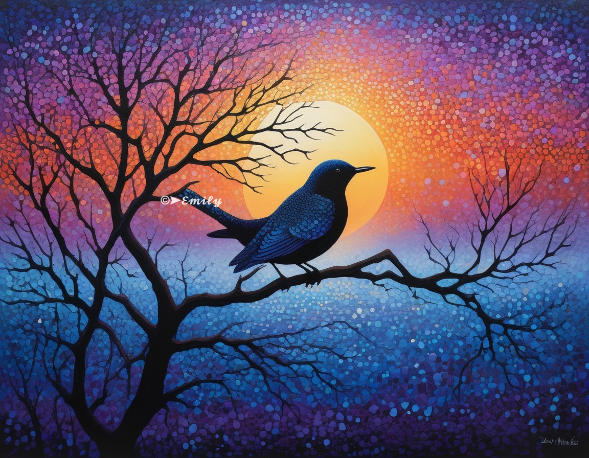 Silhouette of a bird on a branch at sunset