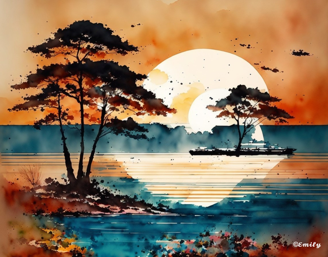 Watercolor Landscape with Silhouetted Trees and Sunset