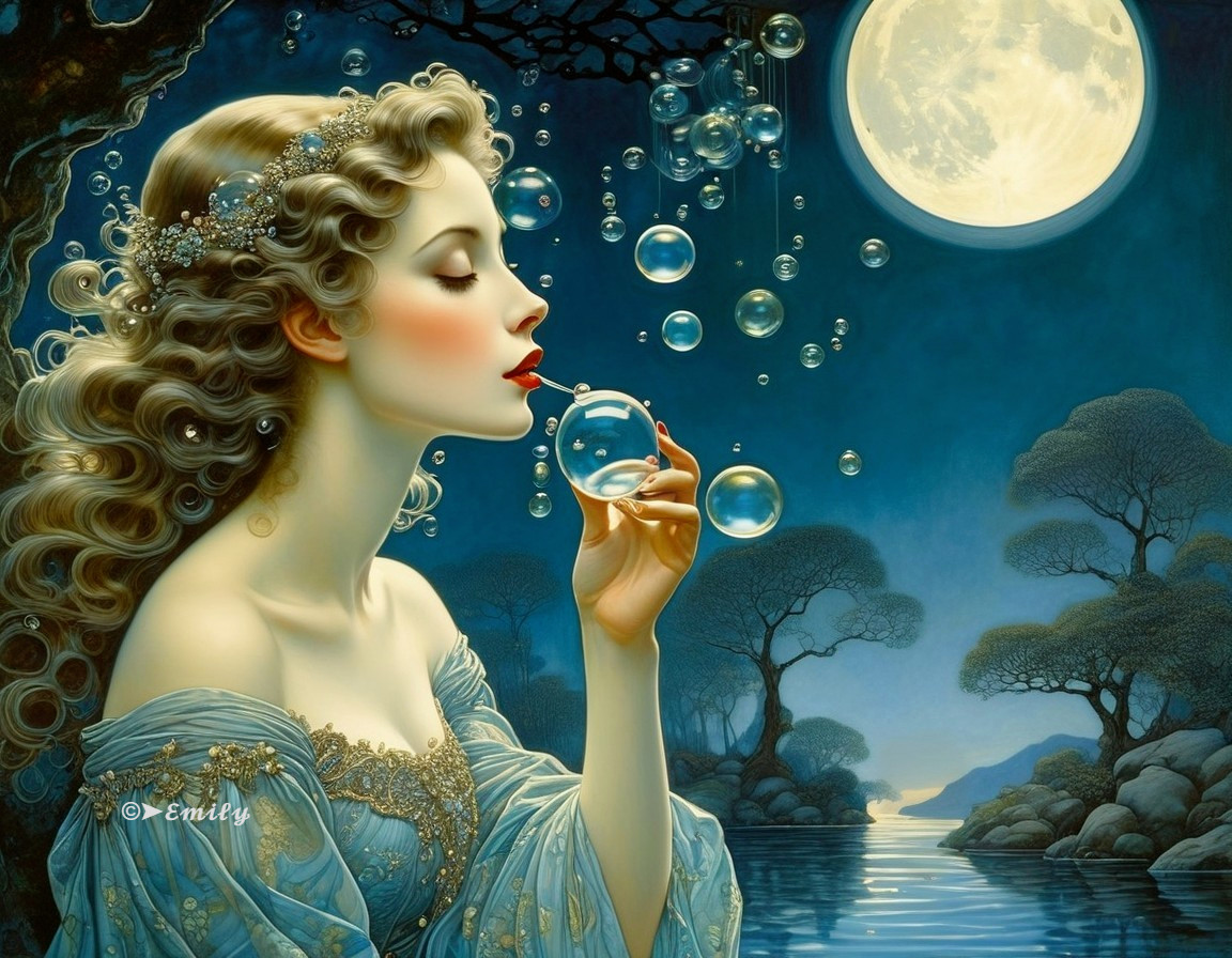 Woman in Blue Gown Blowing Bubbles Under Moonlight
