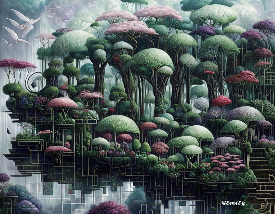 Dreamlike Landscape with Lush Trees and Geometric Structures