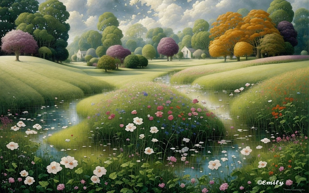 Serene Landscape with Rolling Hills and Tranquil Stream