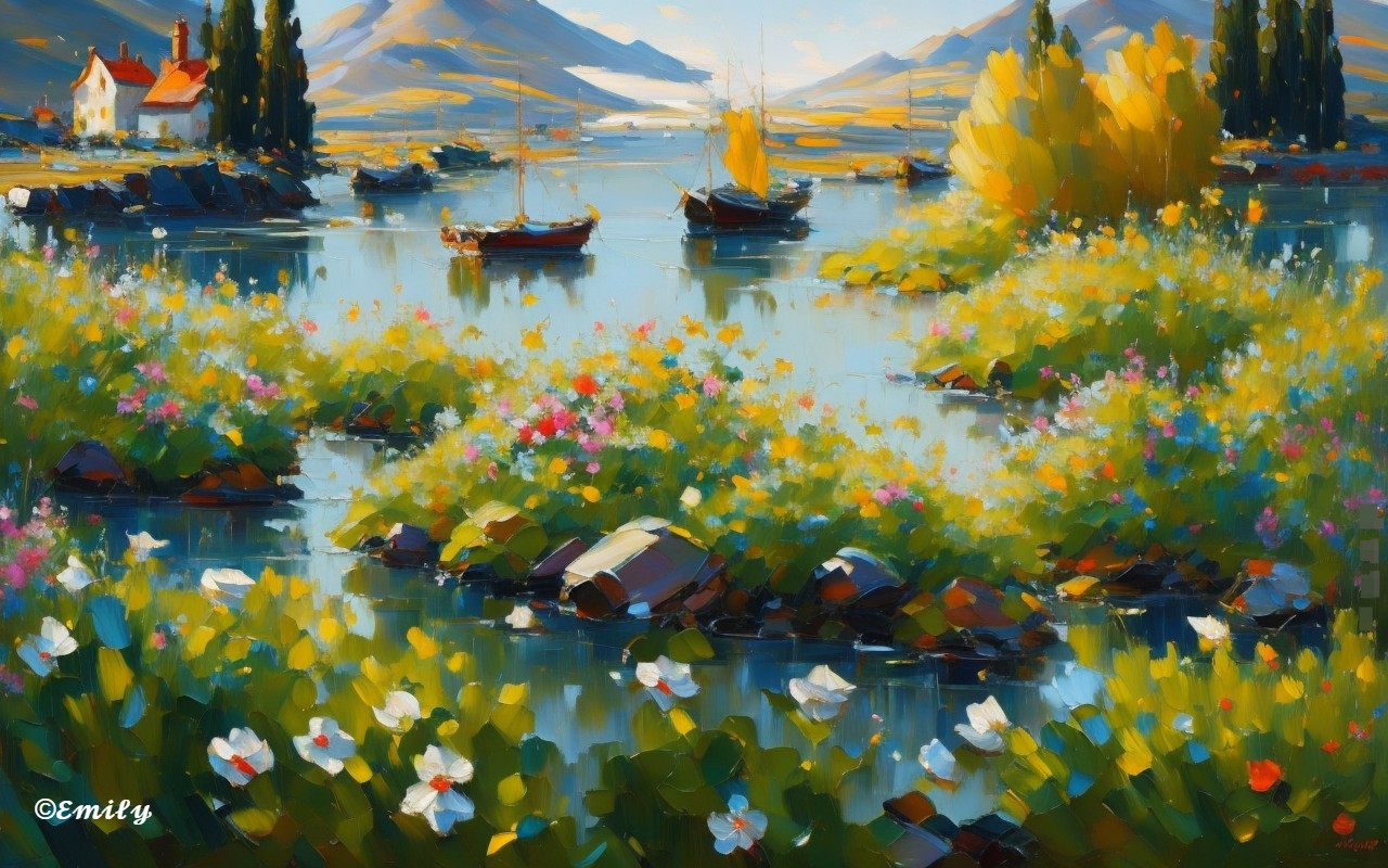 Serene landscape with river, flowers, and mountains