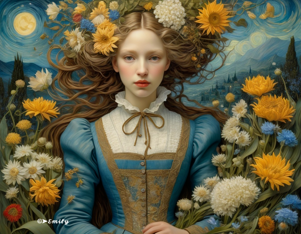 Young woman in blue dress among vibrant flowers