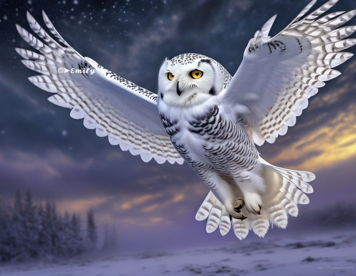 Snowy Owl Soaring in Twilight Sky with Snow-Dusted Trees