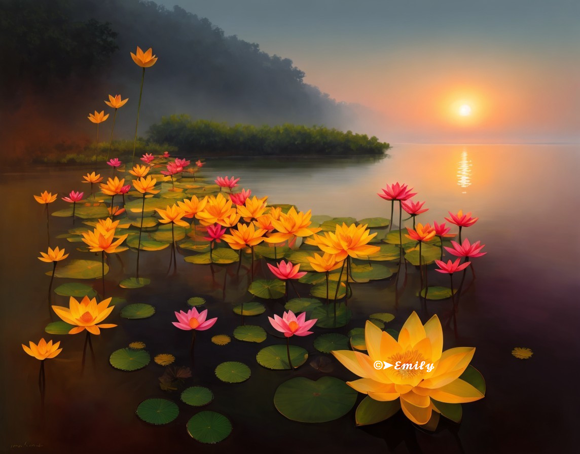 Serene Sunrise Landscape with Reflective Water and Lotuses