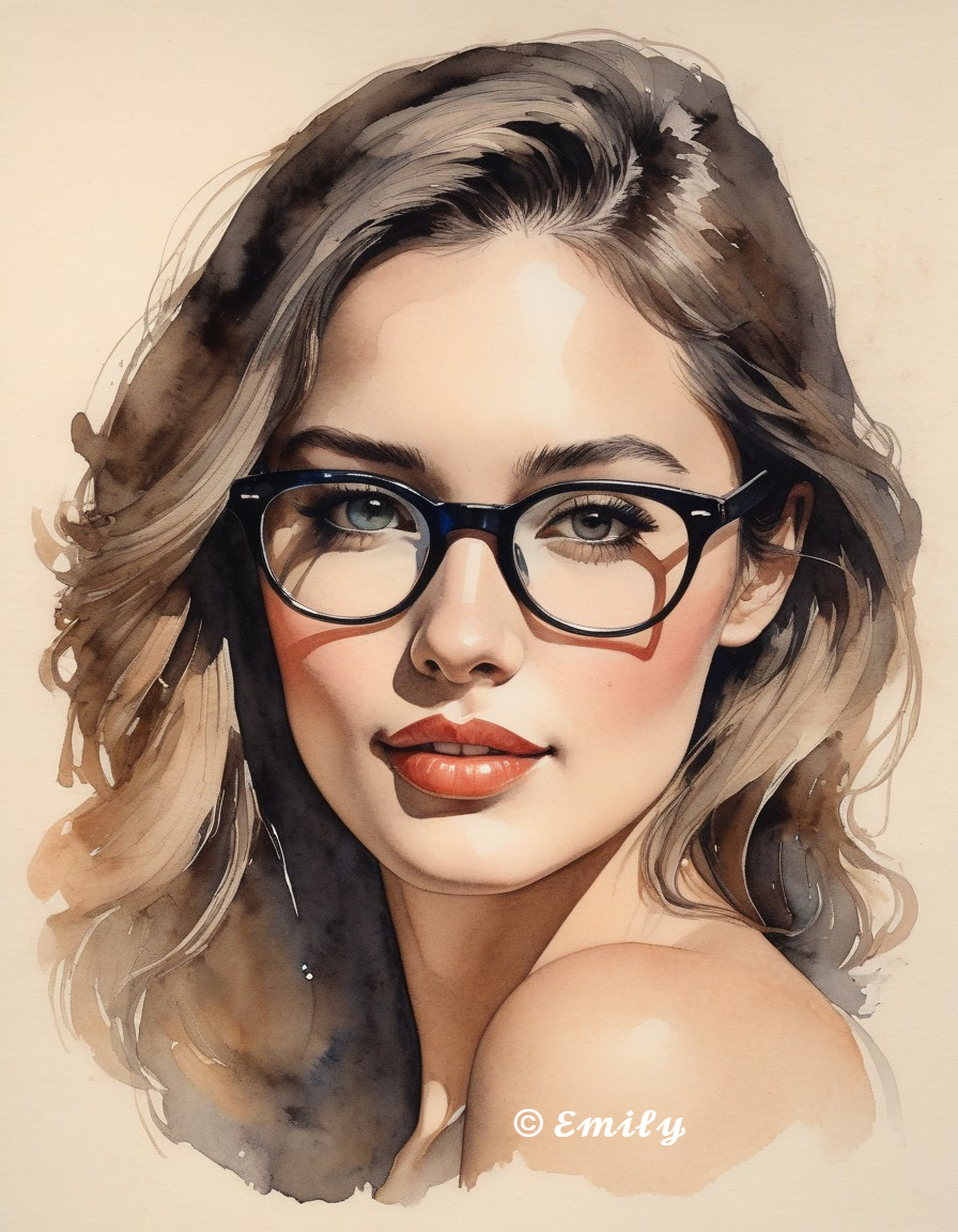 Watercolor Portrait of Young Woman with Glasses