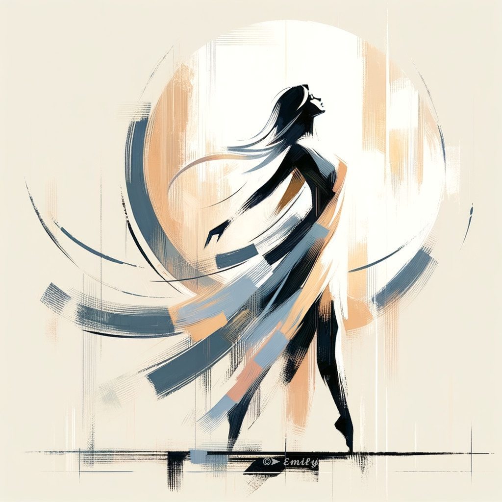 Profile of a figure in flowing dress with soft background