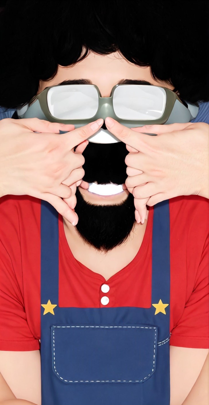 Person in Red Shirt and Overalls Making a Funny Face