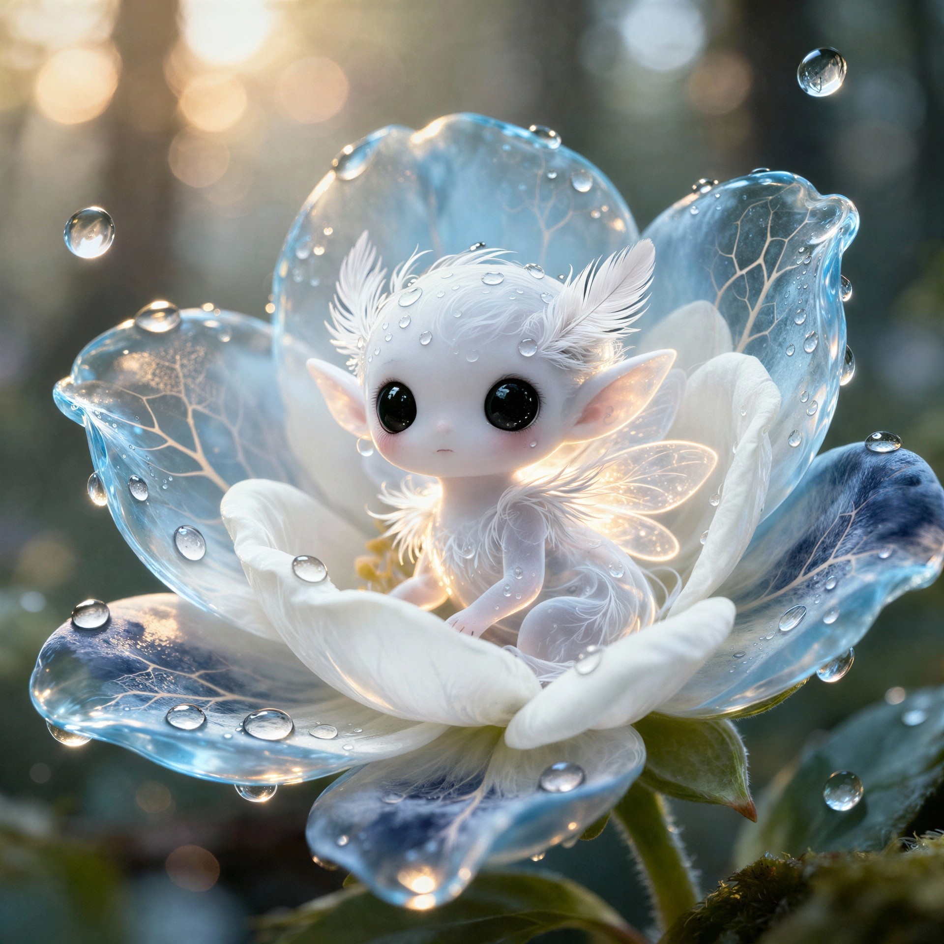 Baby Water Fairy with Feathery Wings and Droplets