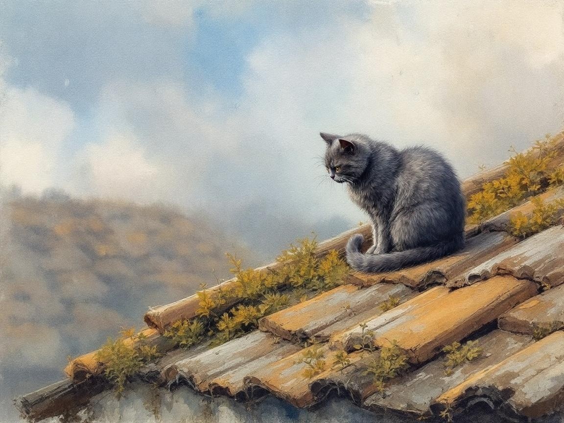 Gray Cat on Weathered Rooftop with Serene Backdrop