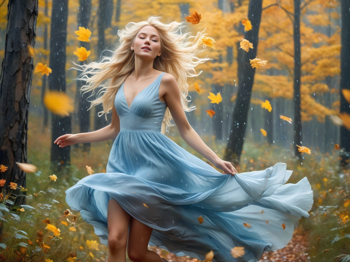 Young woman in blue dress dancing in autumn forest