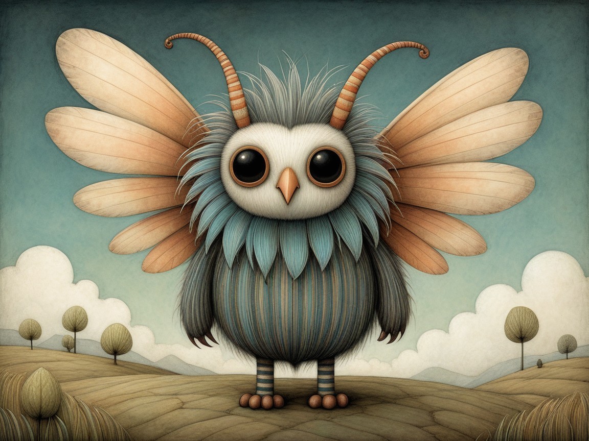 Whimsical Owl-Butterfly Creature in Serene Landscape