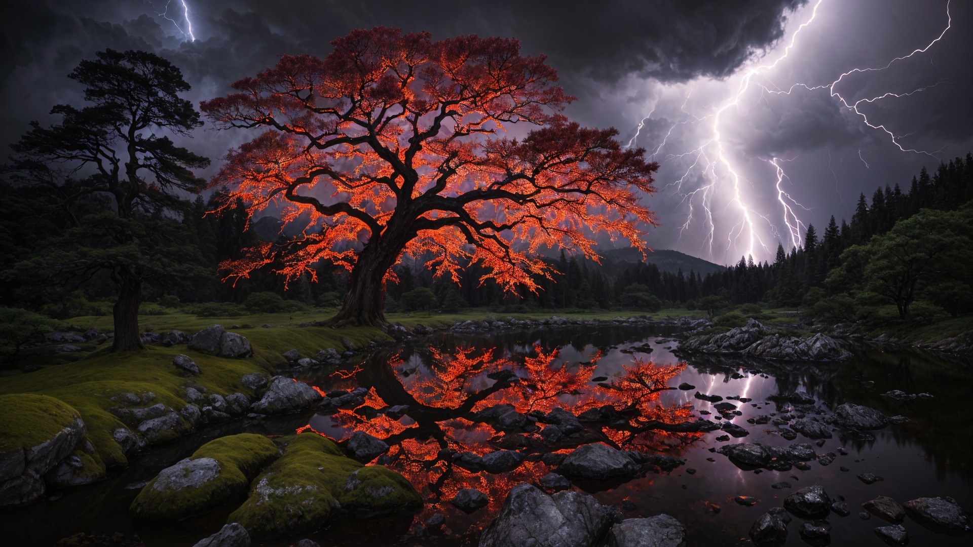 Vibrant Red Tree by Tranquil Pond Under Stormy Sky