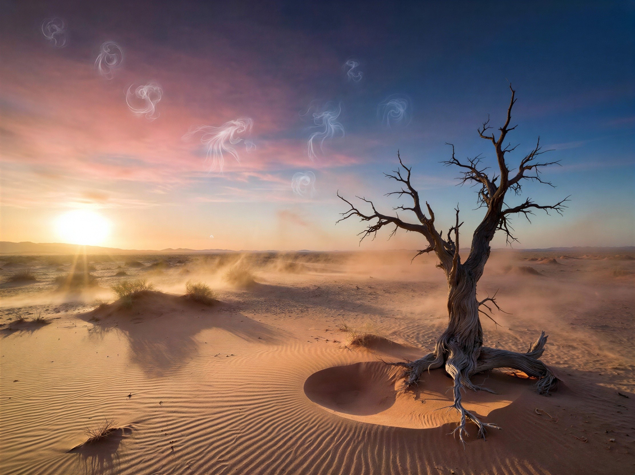 Desert Landscape at Sunset with Twisted Tree and Dunes