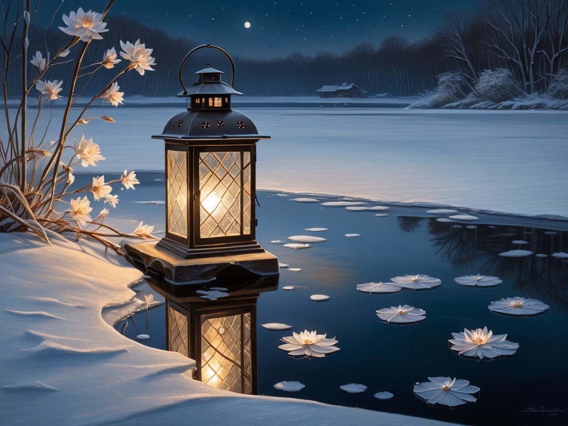 Winter Scene with Lantern by Frozen Lake and Trees