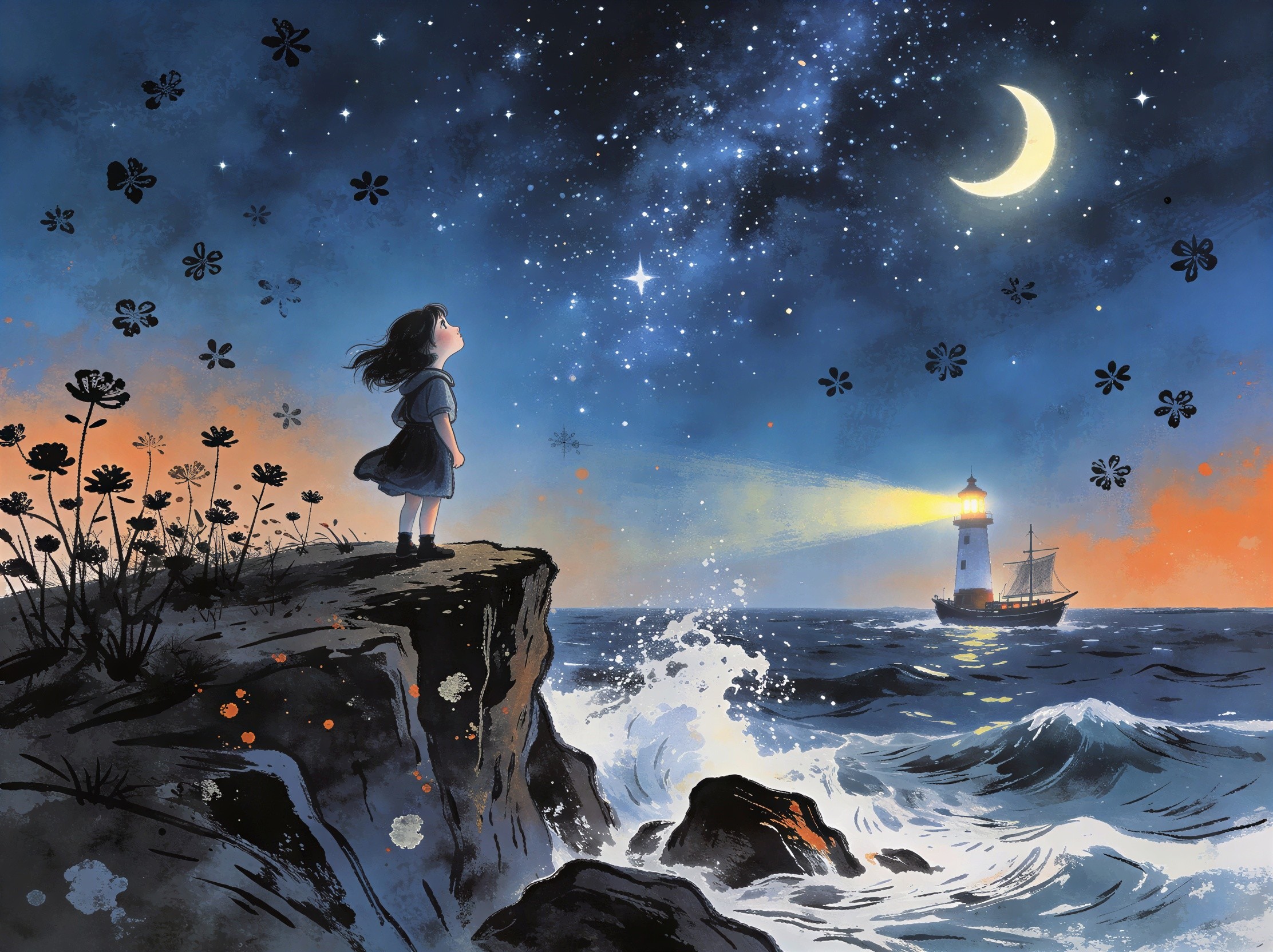 Whimsical Ocean Cliff Scene with Night Sky and Lighthouse