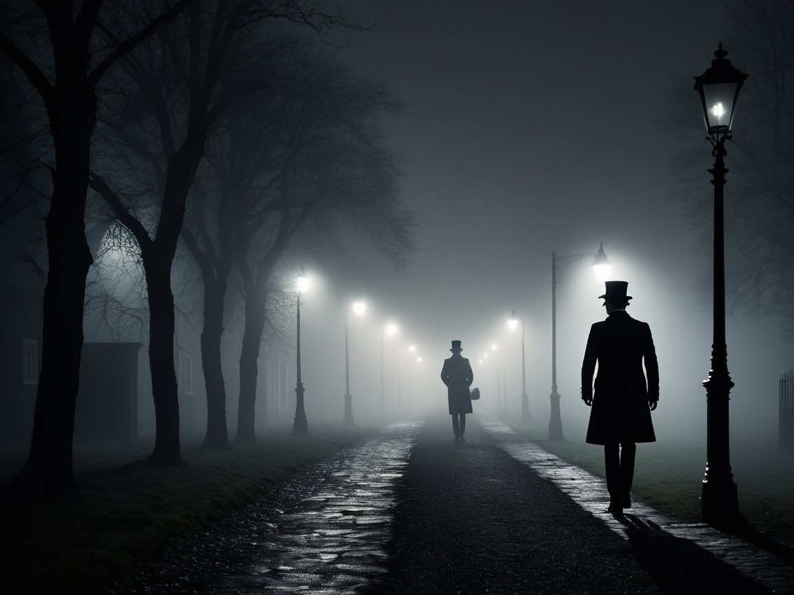 Foggy Cobblestone Path with Shadowy Figures and Trees