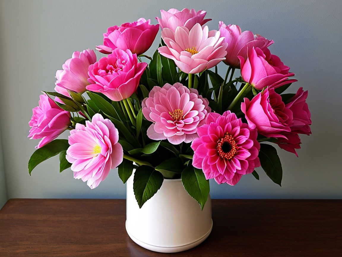 White vase with pink flower bouquet on wood surface